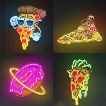 Неоновая вывеска для пиццы, Пончики, Затемняющие огни, Арт-неоновый светодиодный ночник, Изготовленный на заказ для декора магазина пиццы, Неоновый дизайн