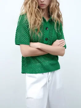 Новая женская летняя модная универсальная европейская и американская зеленая трикотажная рубашка поло с полыми отворотами из сетки