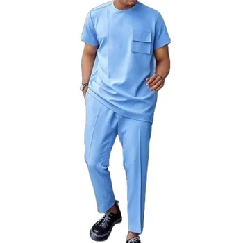 Однотонный Небесно-голубой Мужской комплект, Летние топы с коротким рукавом и нагрудным карманом + брюки с эластичной резинкой на талии, Нигерийская модная мужская свадебная одежда