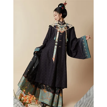 Оригинальное весеннее китайское традиционное верхнее платье Han Tang, Черный халат с вышивкой в виде цветка Династии Мин Hanfu, комплект юбок с лошадьми
