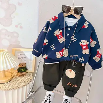 Осенняя одежда для маленьких мальчиков, пуловер с героями мультфильмов, топы с отложным воротником, Брюки, Костюм из 2 предметов для мальчиков, Детская хлопчатобумажная одежда, одежда для младенцев