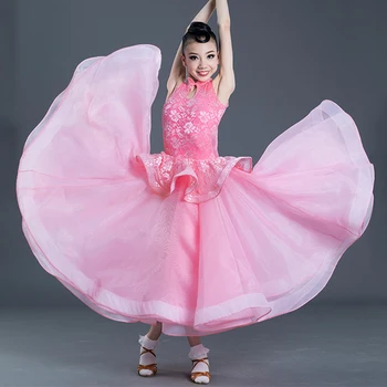 Платья для соревнований по бальным танцам, Розовое Кружевное платье для бальных танцев без рукавов для девочек, одежда для выступлений в стиле Вальс, фламенко, Детская DN5312