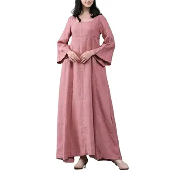 Ретро женское платье макси с круглым вырезом и длинным рукавом, однотонное хлопковое льняное платье с большим подолом
