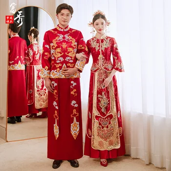 Свадебное платье в китайском стиле, Свадебный костюм с вышивкой Феникса, Восточный Костюм Невесты для Жениха, Винтажный Ципао
