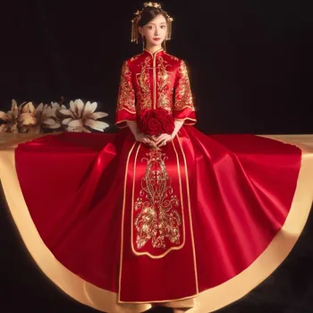 Свадебное платье Невесты в китайском стиле 9XL Размера Оверсайз, Изысканная вышивка блестками, Свадебный костюм Чонсам, Восточный Винтажный Ципао