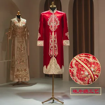 Свадебный комплект в китайском стиле, костюм жениха, велюровая свадебная одежда, расшитая бисером, блестки, одежда для тостов Чонсам китайская одежда