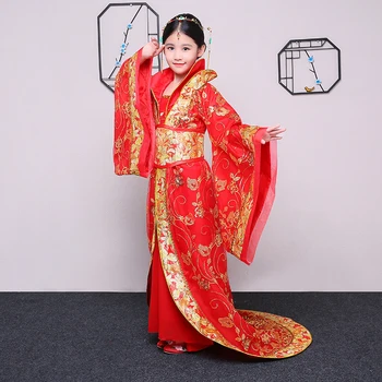 Сценические костюмы Ханфу, детские костюмы, женский императорский дворец династии Тан, красный хвост, вышитая принцесса, древняя фея ханфу