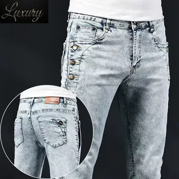 Тонкие Джинсы-скинни Для мужчин, Новый эластичный Корейский дизайн, модные с несколькими пуговицами, Синие, белые, Винтажные, хлопковые, стрейчевые джинсовые брюки, брюки