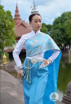 Традиционная тайская одежда Таиланд Женское платье синего цвета Новое винтажное весеннее сценическое шоу