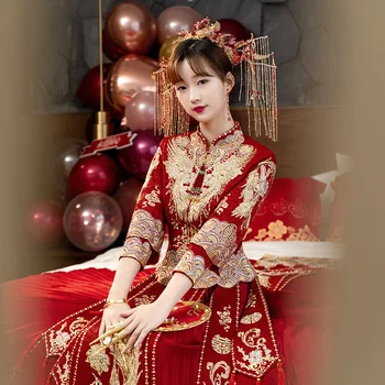 Традиционное Изысканное Вечернее платье с классической вышивкой Феникса для Невесты, свадебное платье Чонсам