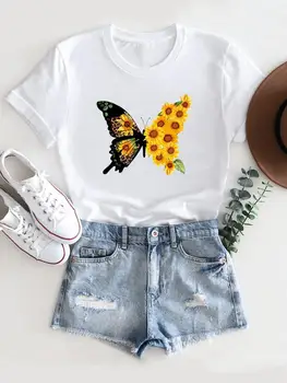 Футболка с графическим рисунком, летняя женская футболка с коротким рукавом, Женский топ с бабочкой, прекрасный тренд, Милый принт, Повседневная одежда, модная футболка