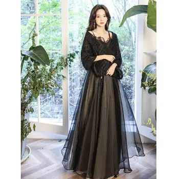 Черное банкетное вечернее платье женское 2023 новое легкое роскошное с высококачественной текстурой, темпераментное, ведущее обычно может носить длинный стиль