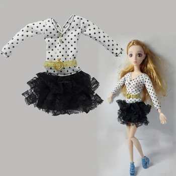 Черное Кружевное мини-платье в белый горошек с V-образным вырезом, платье-пачка для кукол Барби, Наряды для кукол 1/6 BJD, Аксессуары для кукольных домиков, игрушки