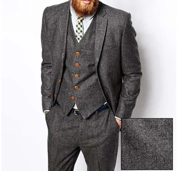 Шерстяной ретро серый твид в елочку, британский стиль, мужской костюм на заказ, приталенный блейзер, свадебные костюмы для мужчин, 3 шт.