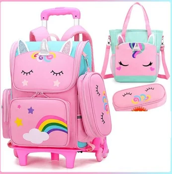 Школьная сумка-тележка для девочек, Школьная сумка-тележка для детей с пакетом для ланча, сумки-рюкзаки на колесиках, Детская школьная сумка-рюкзак на колесиках