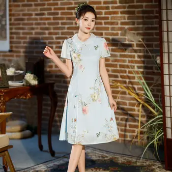 Элегантные тонкие китайские традиционные Чонсам с коротким рукавом, винтажные платья с разрезом, Женское платье миди Qipao