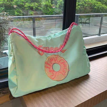 Японская Модная сумка для покупок с вышивкой Пончика, нейлоновые сумки на ремне с завязками, Женские многоразовые складные сумки