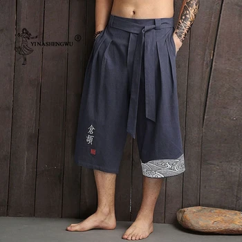Японские повседневные свободные мужские льняные укороченные брюки Азиатская одежда Юката Традиционное кимоно